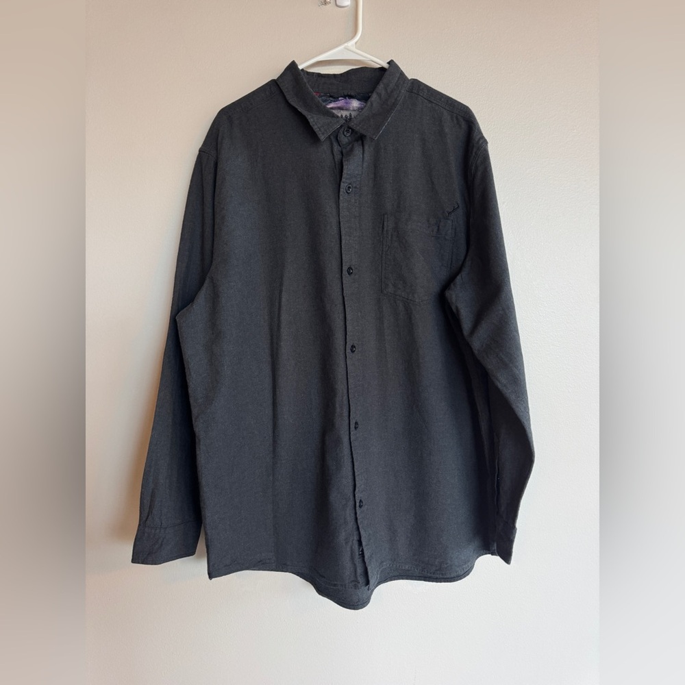 Pladra Charcoal Grey Flannel Shirt 2XL Salmon Trout Fish Print Trim Cotton Mens